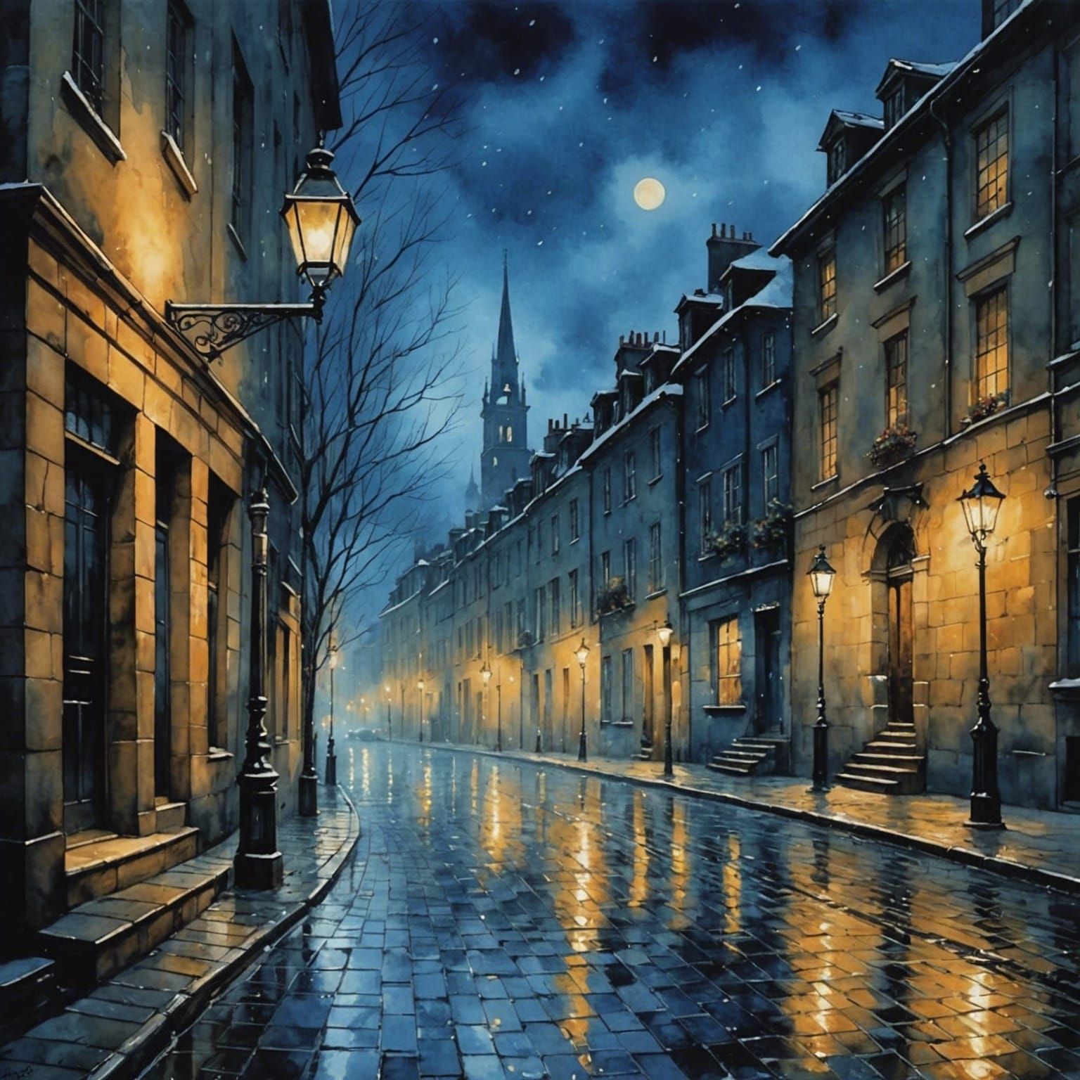Night Cityscape in Watercolor Hues
