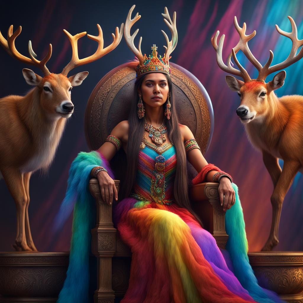 Amerindian Queen on Globe Throne with Reindeer