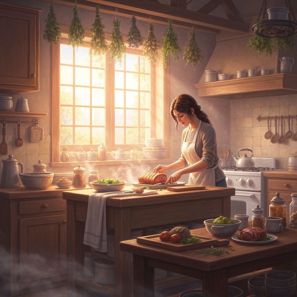 Serene Country Kitchen with Herbs and Woman