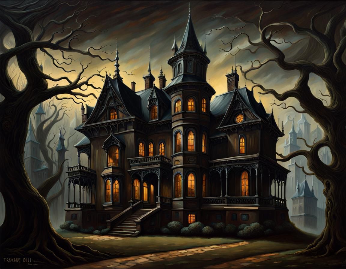 Surreal Haunted House With Ghostly Figure in Oil