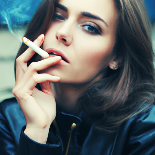 Stylish Woman Smoking Cigarette in Leather Jacket