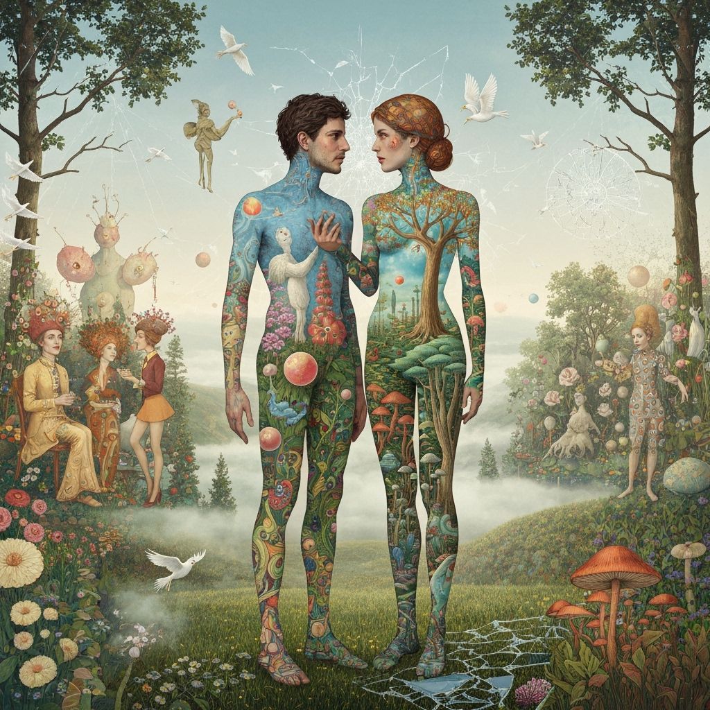 Surreal Garden Party in Dreamlike Mixed-Media Style