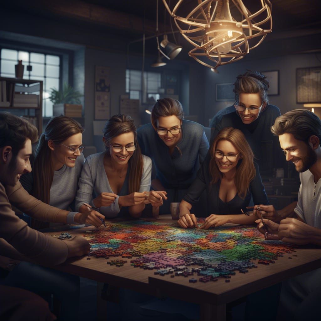 Teamwork Puzzle in Office: Detailed Digital Art