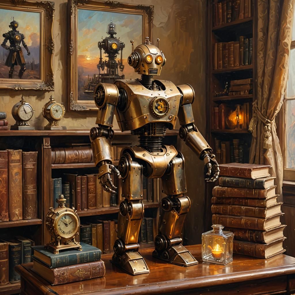Steampunk Robot Companion in Impressionist Oil Painting