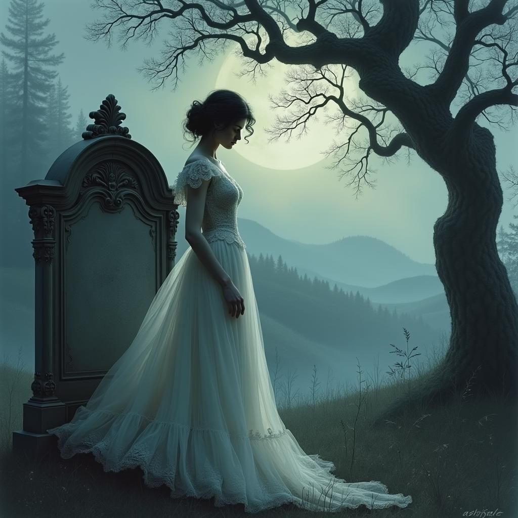 Victorian Ghost in Misty Forest, Watercolor Style