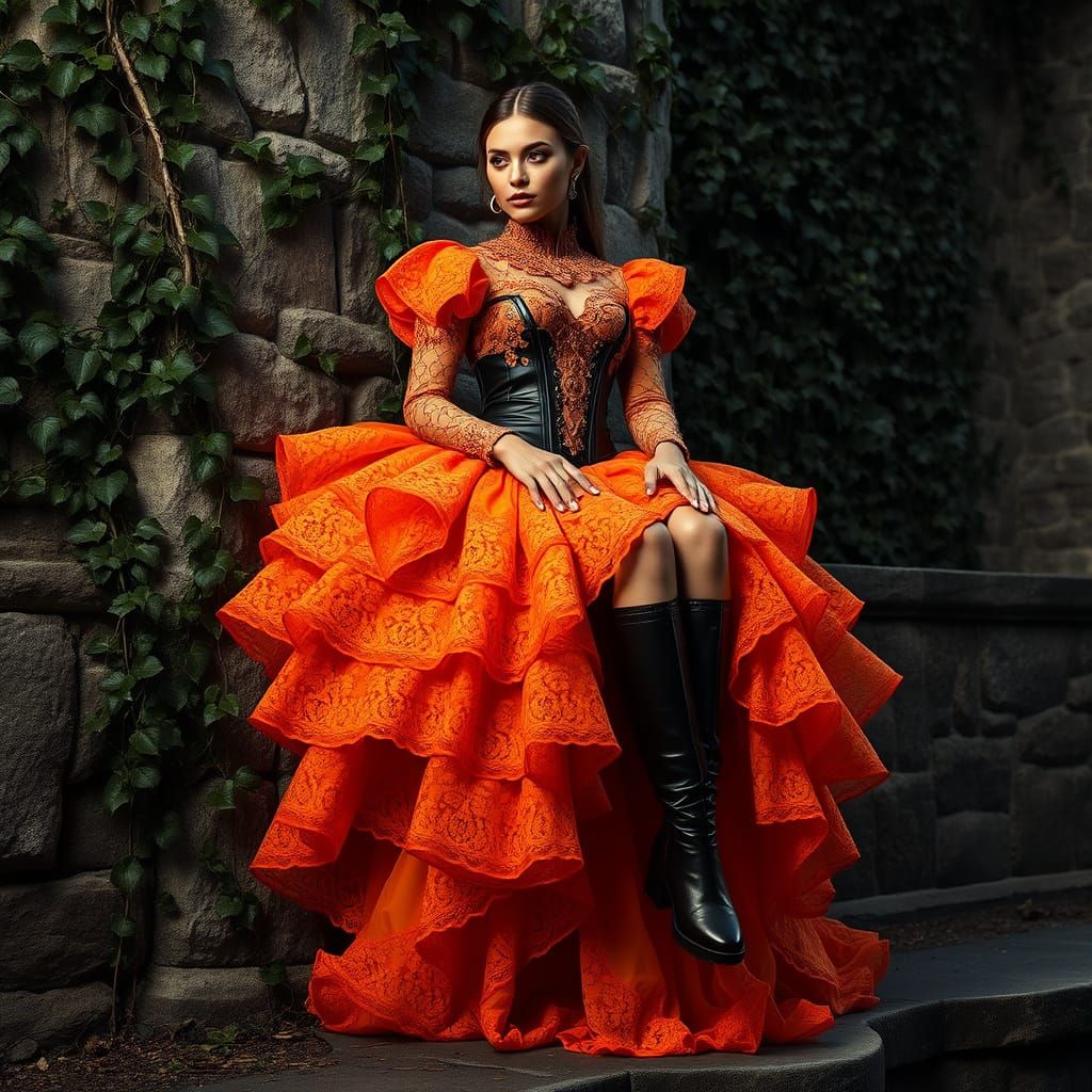 Woman in Orange Gown with Lace Crinoline Skirt