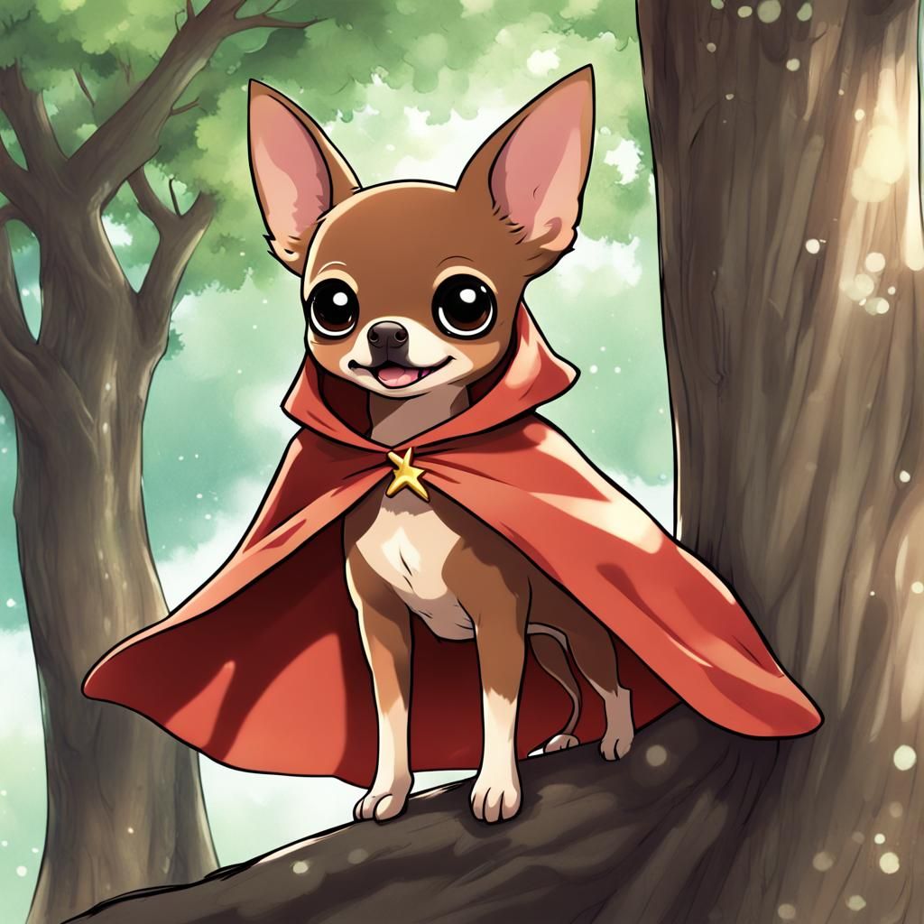 Chihuahua Superhero in Tree: Anime Style