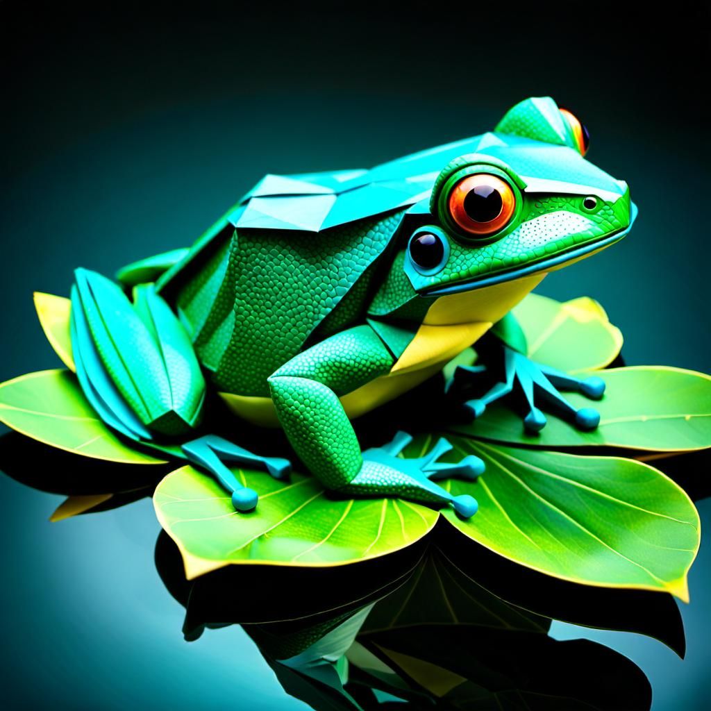 Magical Origami Frog on Lilypad in Cubist Style