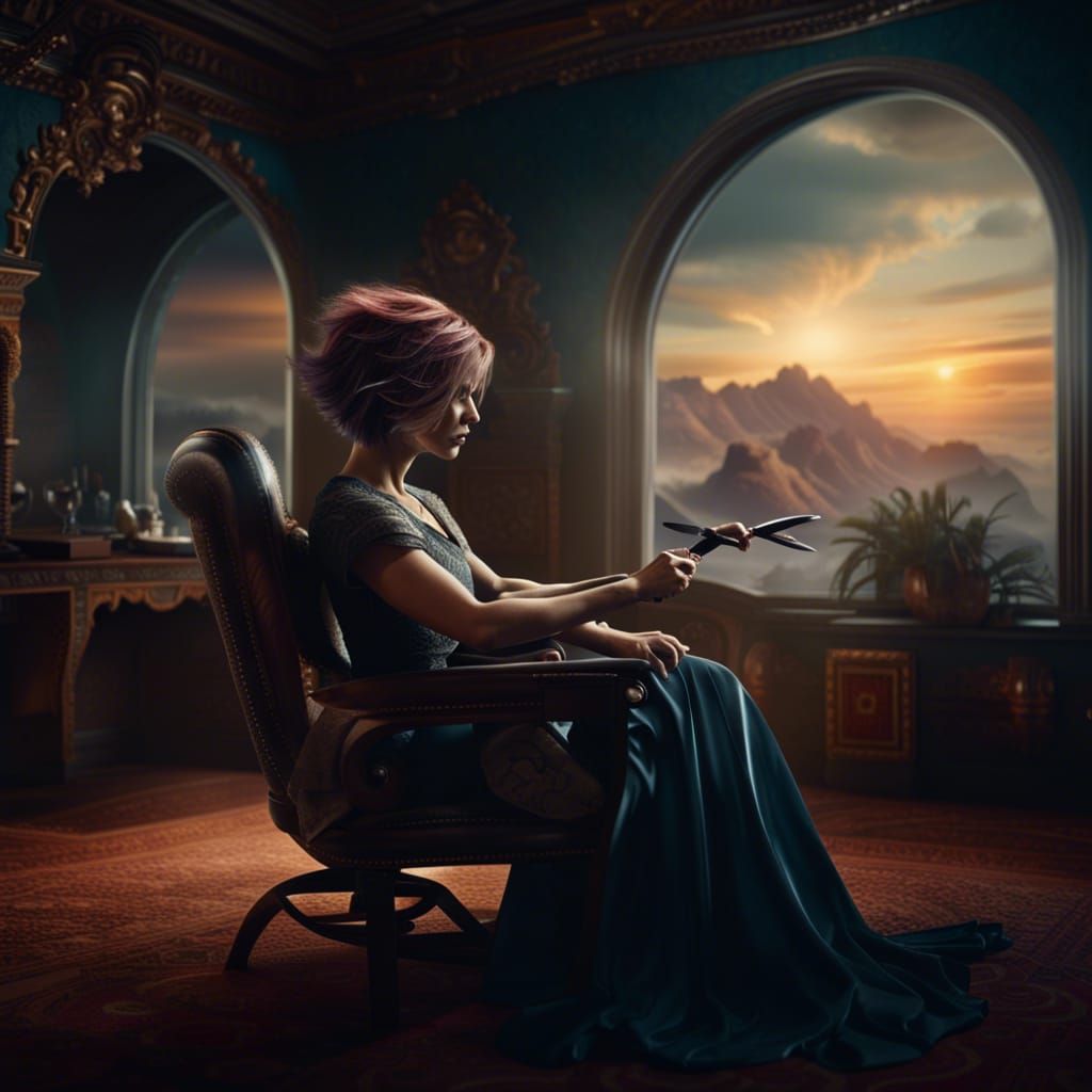 Woman Cutting Hair: Cinematic Digital Painting