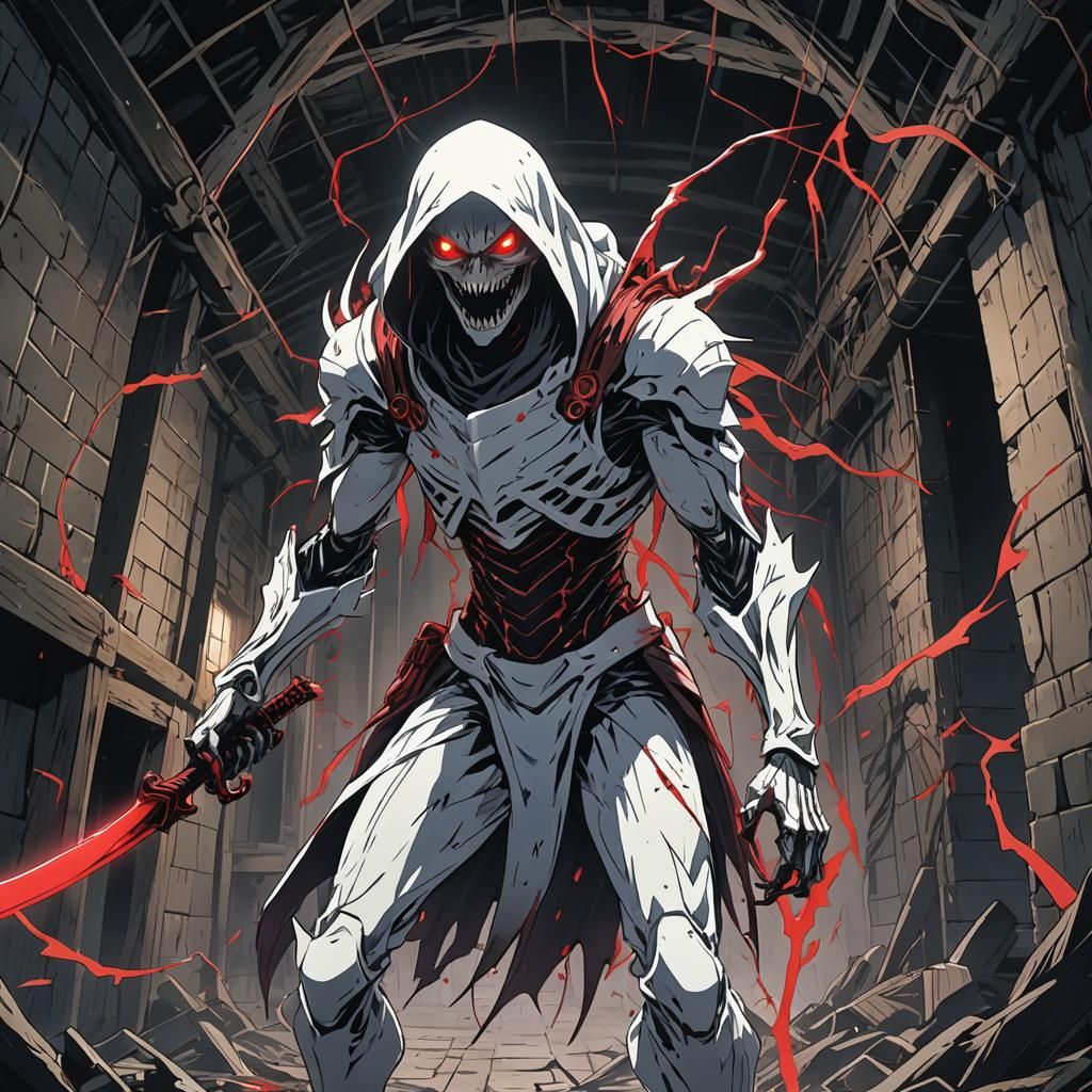 Anime Ghost with Scythe Crawls from Basement