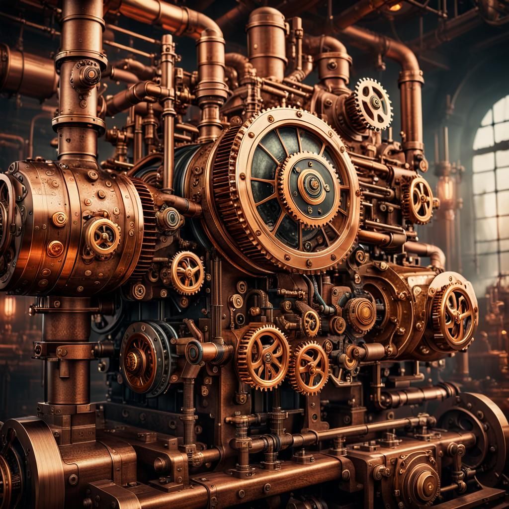 Steampunk Engine Close-Up: Sci-Fi Illustration in Warm Tones