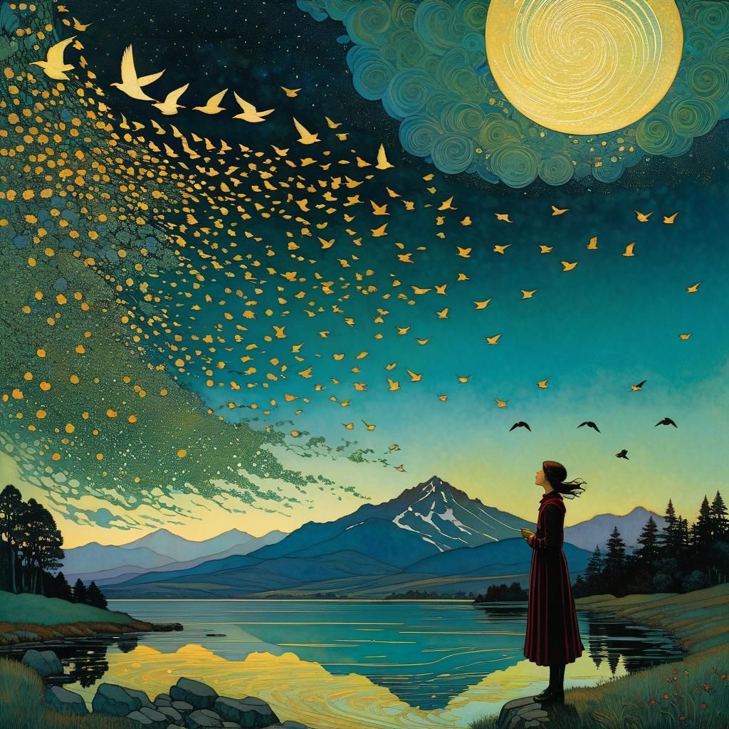 Woman Flying with Birds: Illustrative Fantasy Art