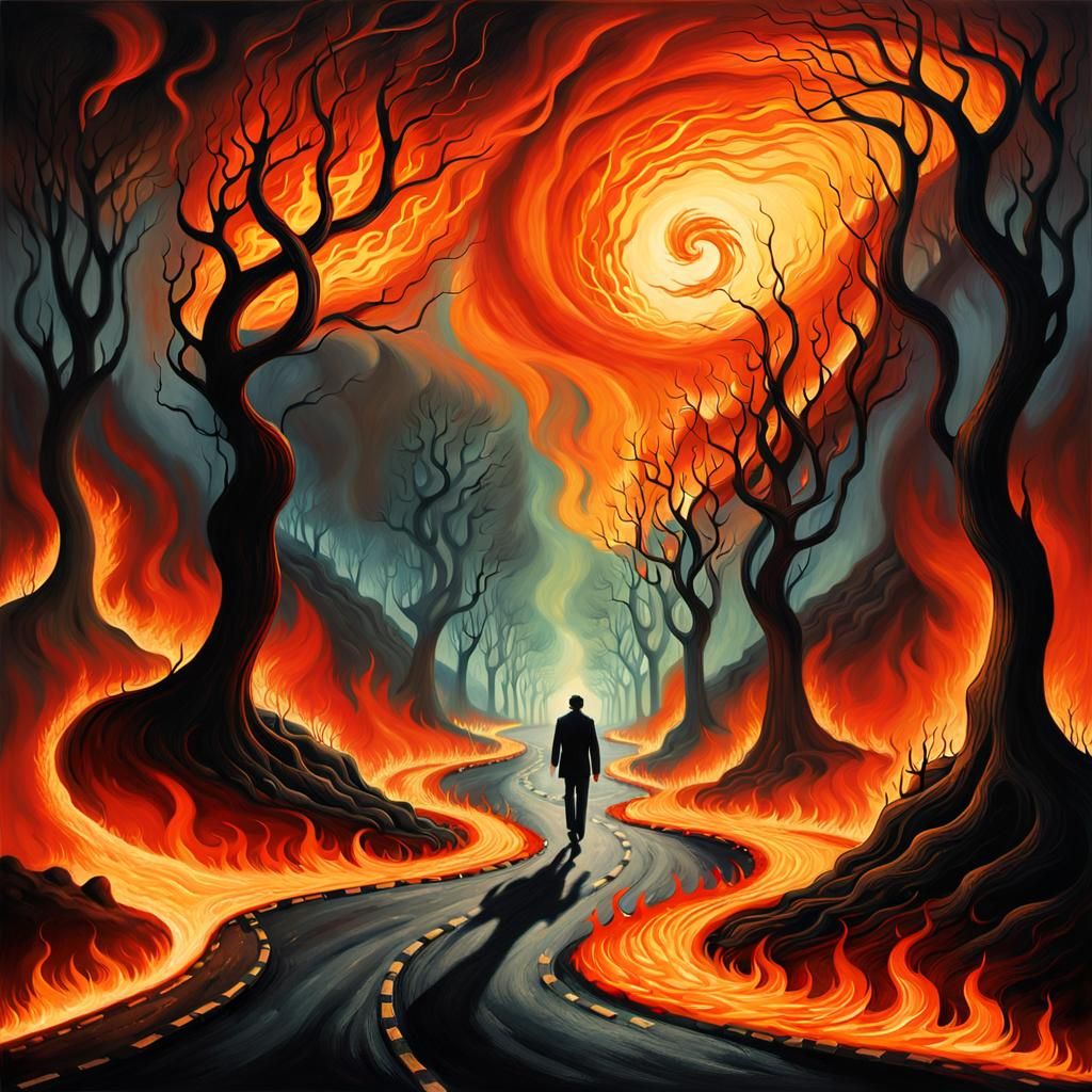 Surreal Figure Walks Through Hellish Landscape