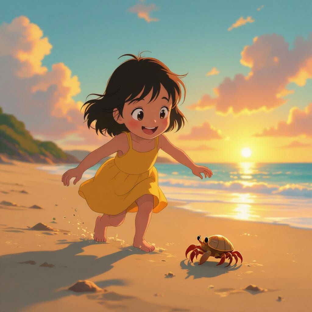 Girl Chasing Crab at Sunset in Ghibli Anime Style