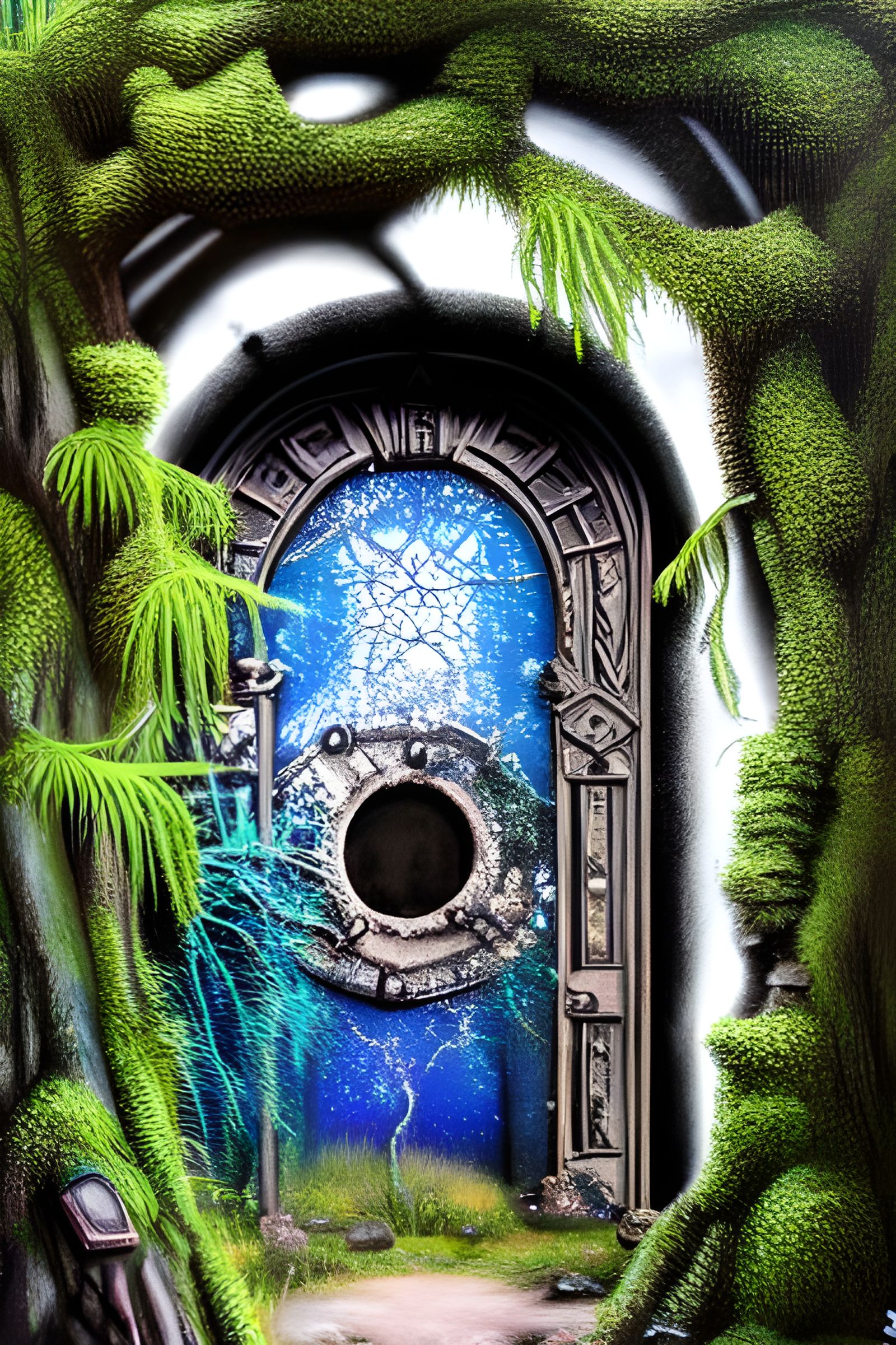 Mystical Ancient Door with Crystals and Portals