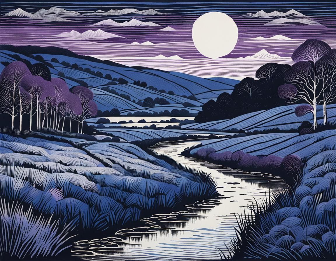 Night Blue Landscape as Hand-Colored Linoprint