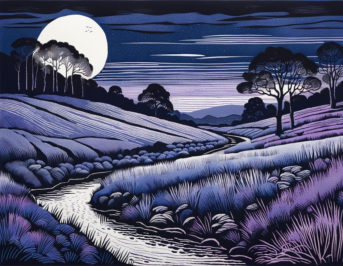 Surreal Violet Landscape in Dreamy Linocut Style