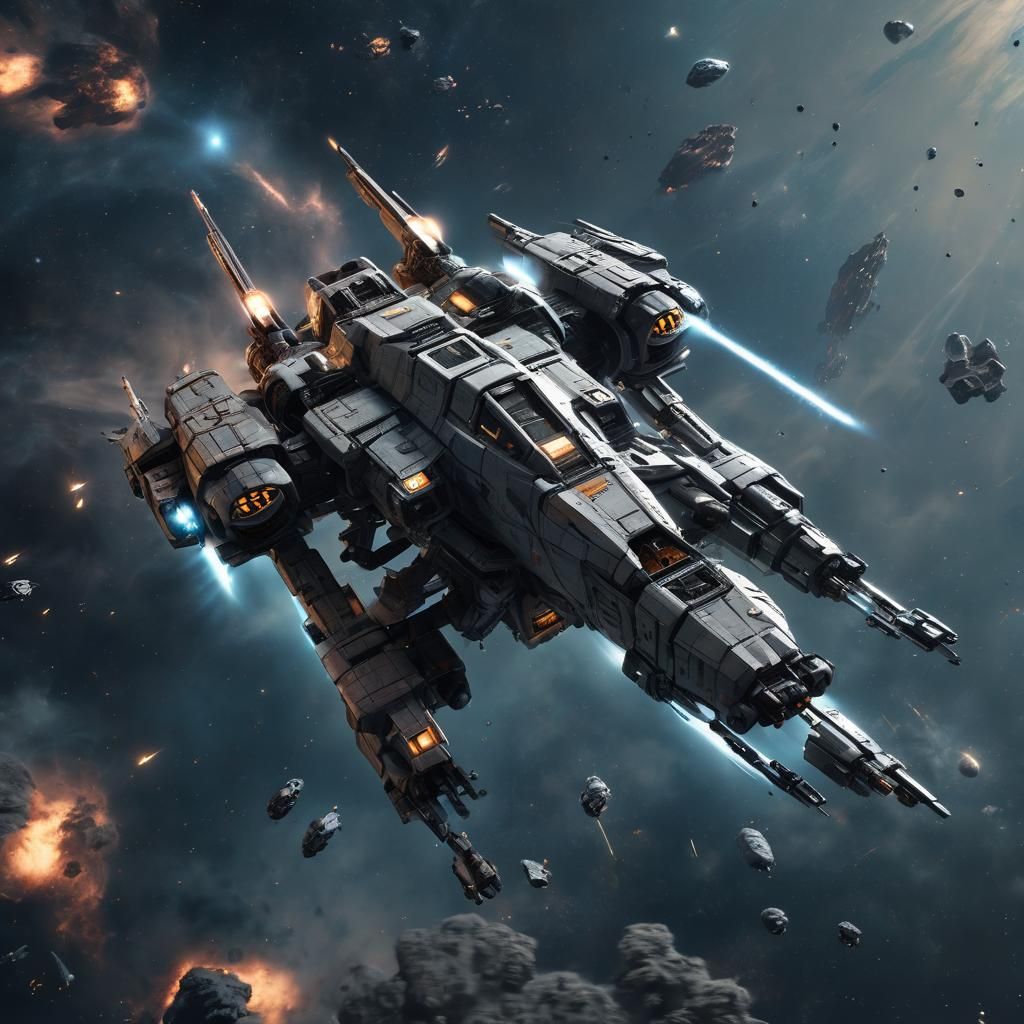 Mech Space Fighter Flying Through Nebula