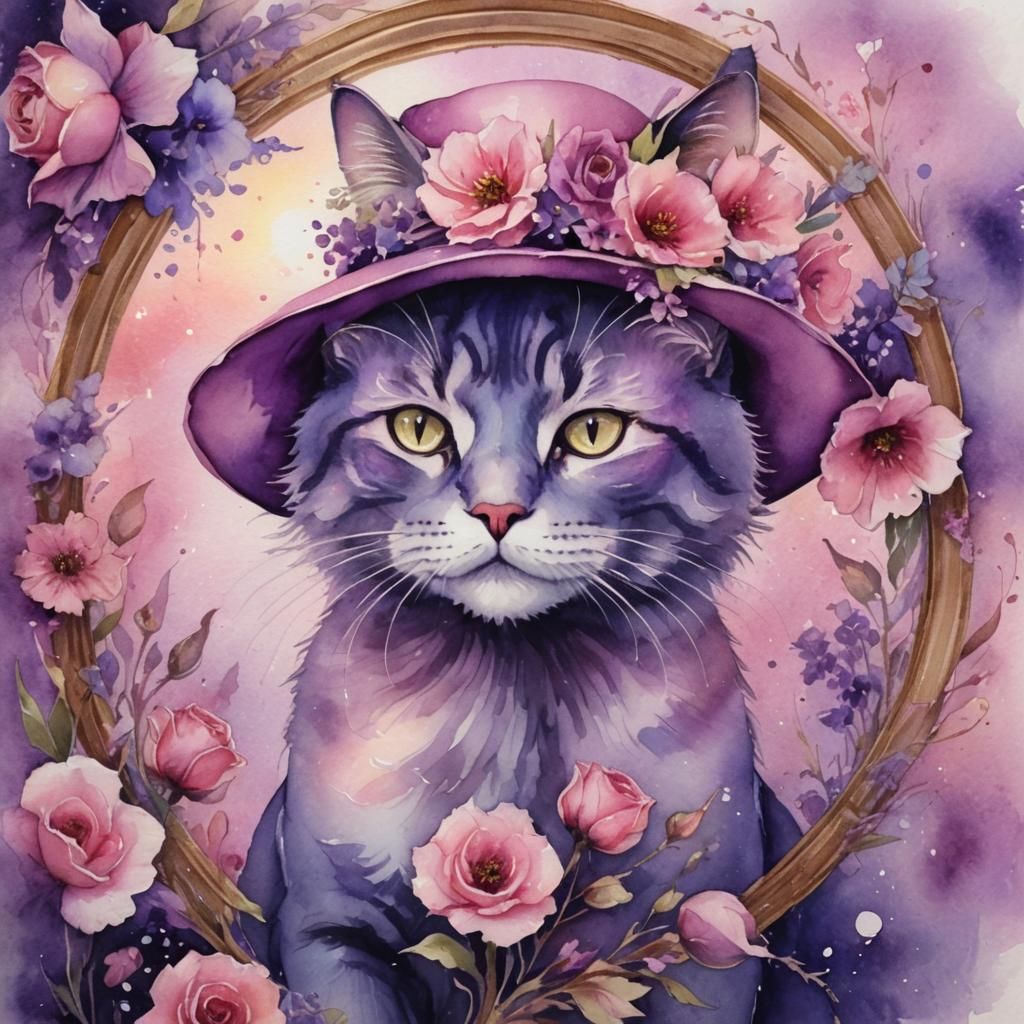 Purple Cat in Floral Hat, Watercolor Fantasy