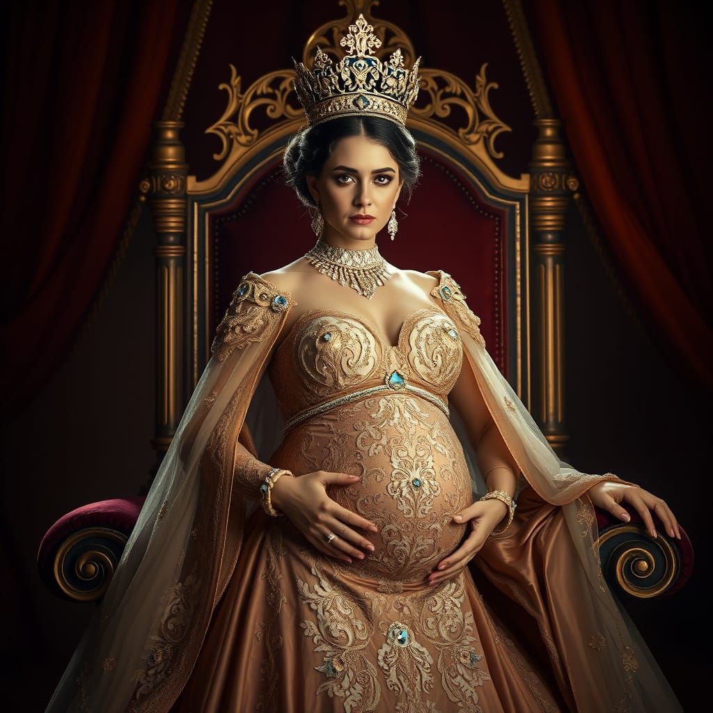 Regal Pregnant Queen in Dramatic, Hyperrealistic Style