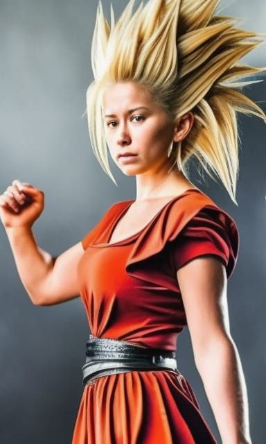 Photorealistic Super Saiyan Female in Intense Combat