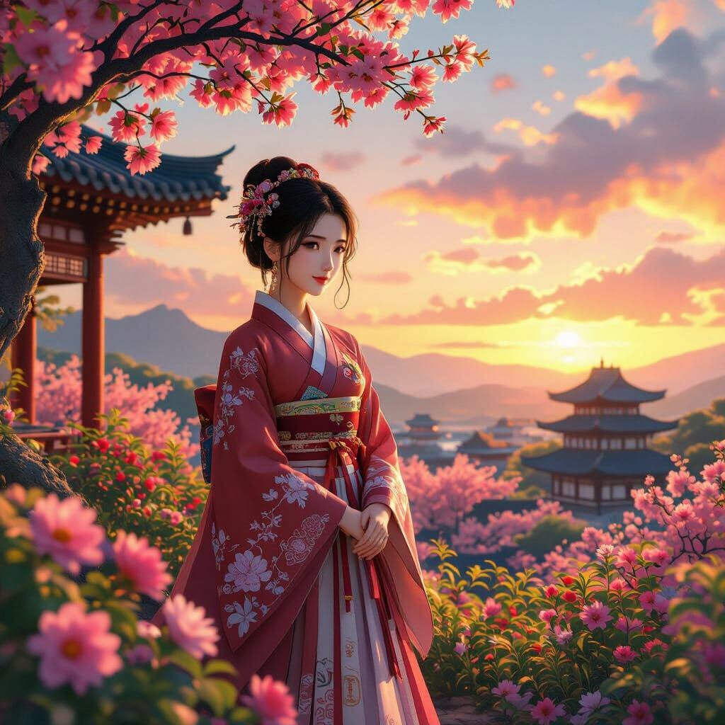 Korean Woman in Hanbok at Sunset: Anime Style