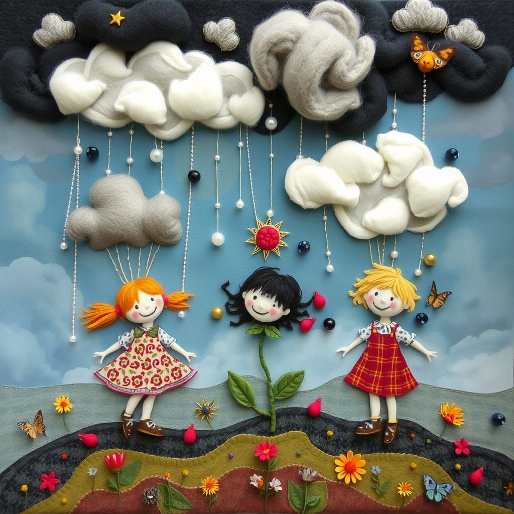 Joyful Children Sprout from Stormy Clouds in Whimsical Mixed...