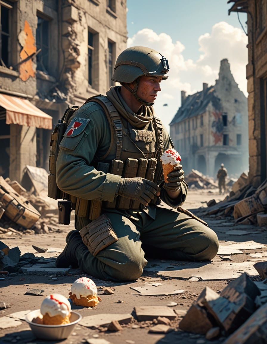 Soldier's Ice Cream Break in War-Torn Town