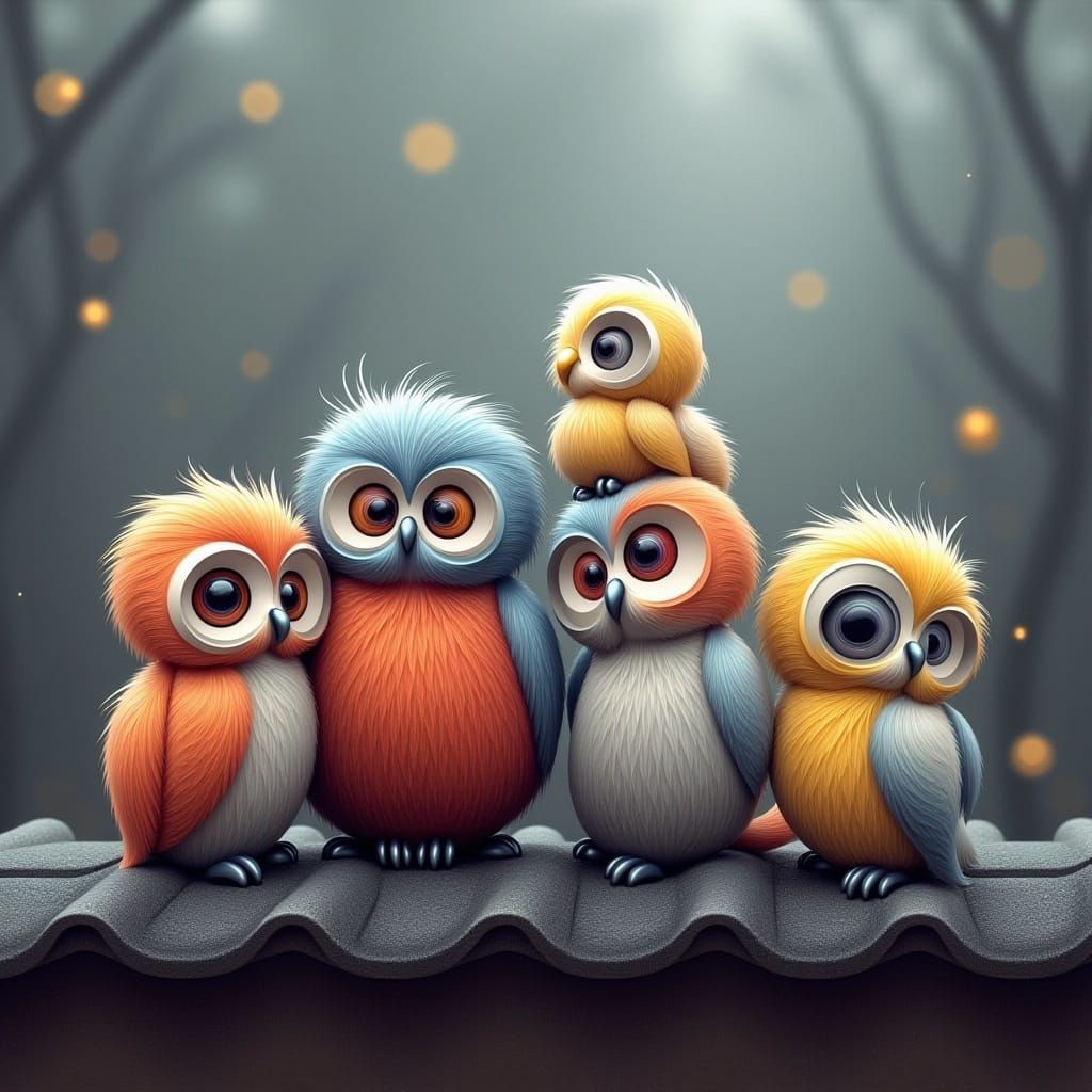 Cute Colorful Fluffy Owls on a Roof