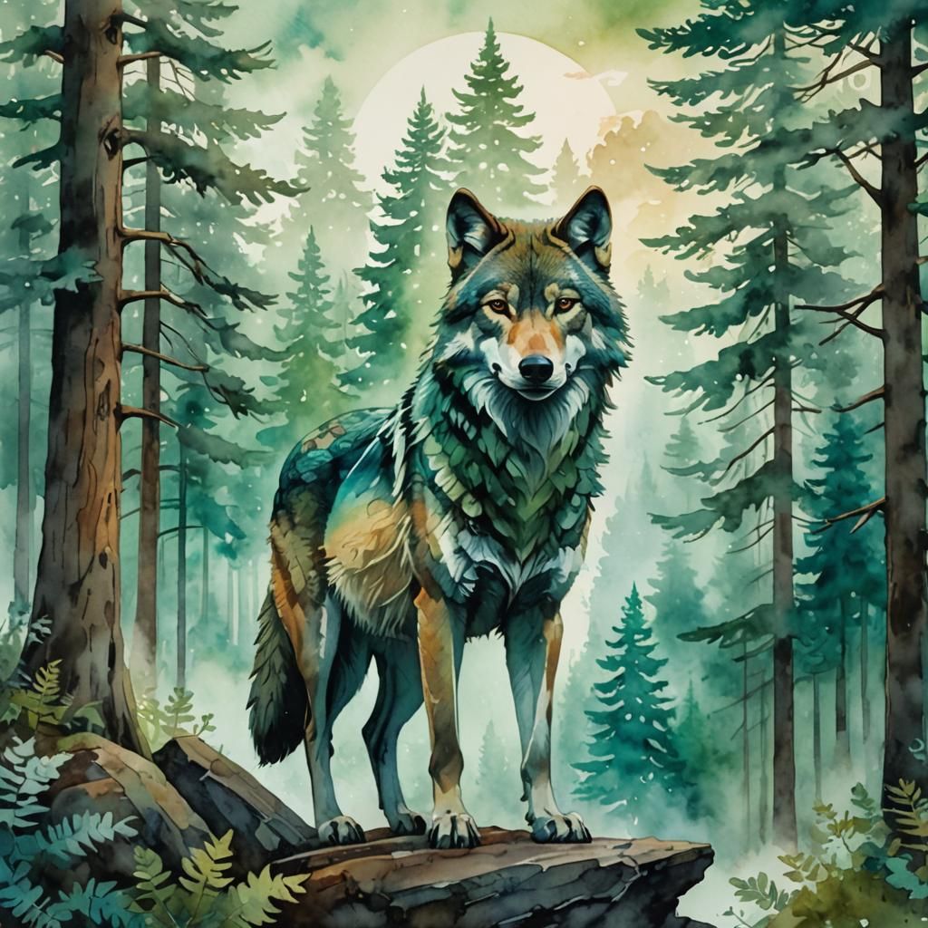 Watercolor Wolf Landscape: Detailed Matte Painting