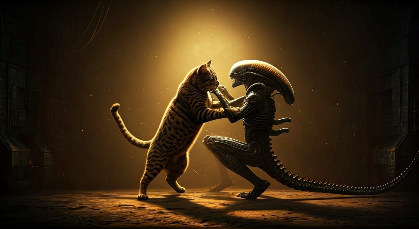 Cat Versus Alien Xenomorph in Dark Industrial Setting