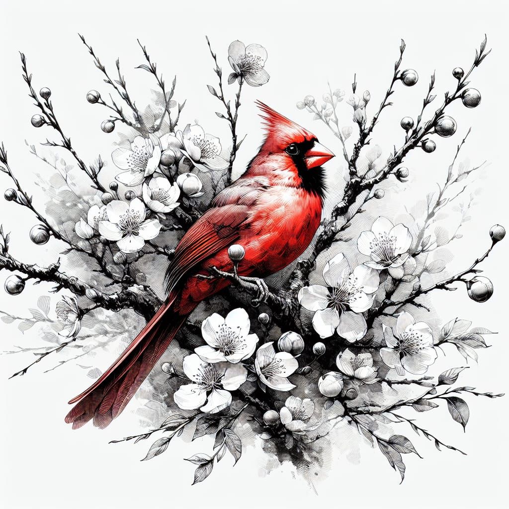 Surreal Cardinal in Blossom Tree Enchantment