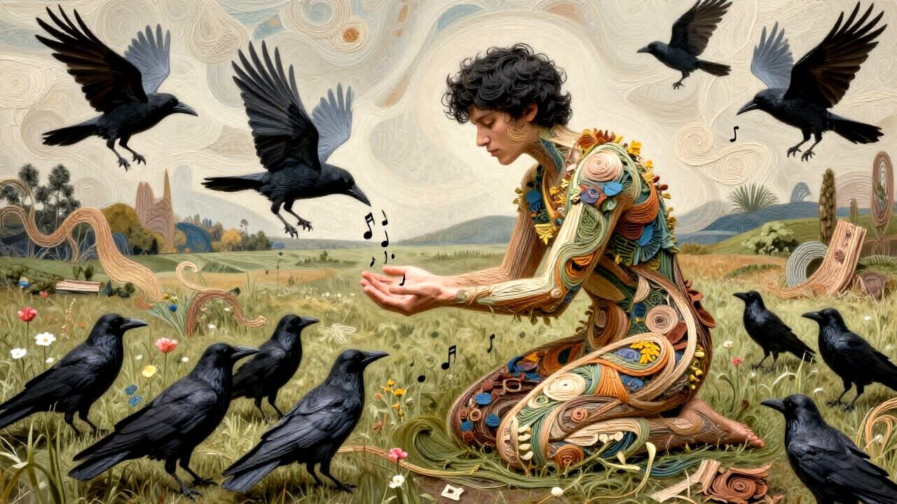 Man Kneels Amid Crows Gathering Musical Notes in Surreal Lan...