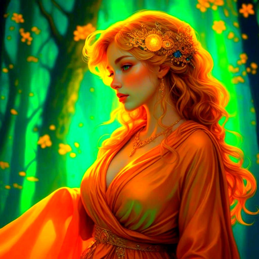 Bioluminescent Forest Goddess in Baroque Style