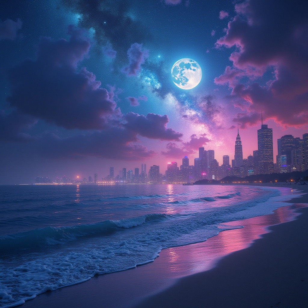 Neon Cityscape Meets Galaxy in Hyperrealistic Style