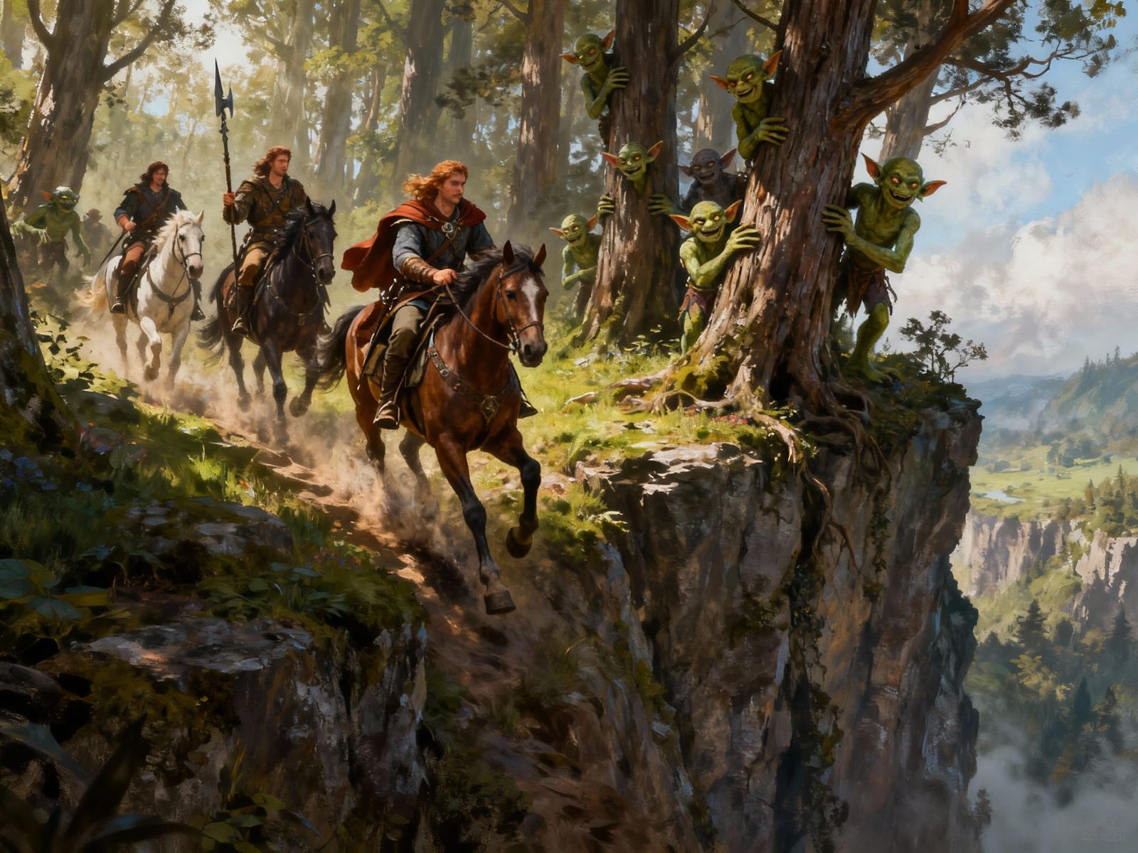 Fantasy Adventurers Descend Cliff Overlooking Goblin Watcher...