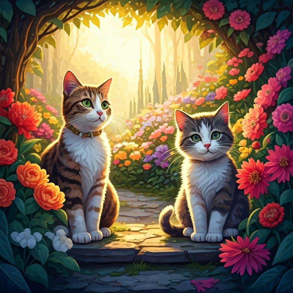 Whimsical Cats in a Vibrant Garden Watercolor Painting