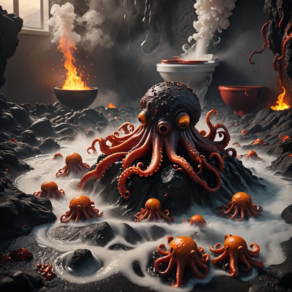 Mini Octopuses Fly Through Volcano Bathroom in Surrealism