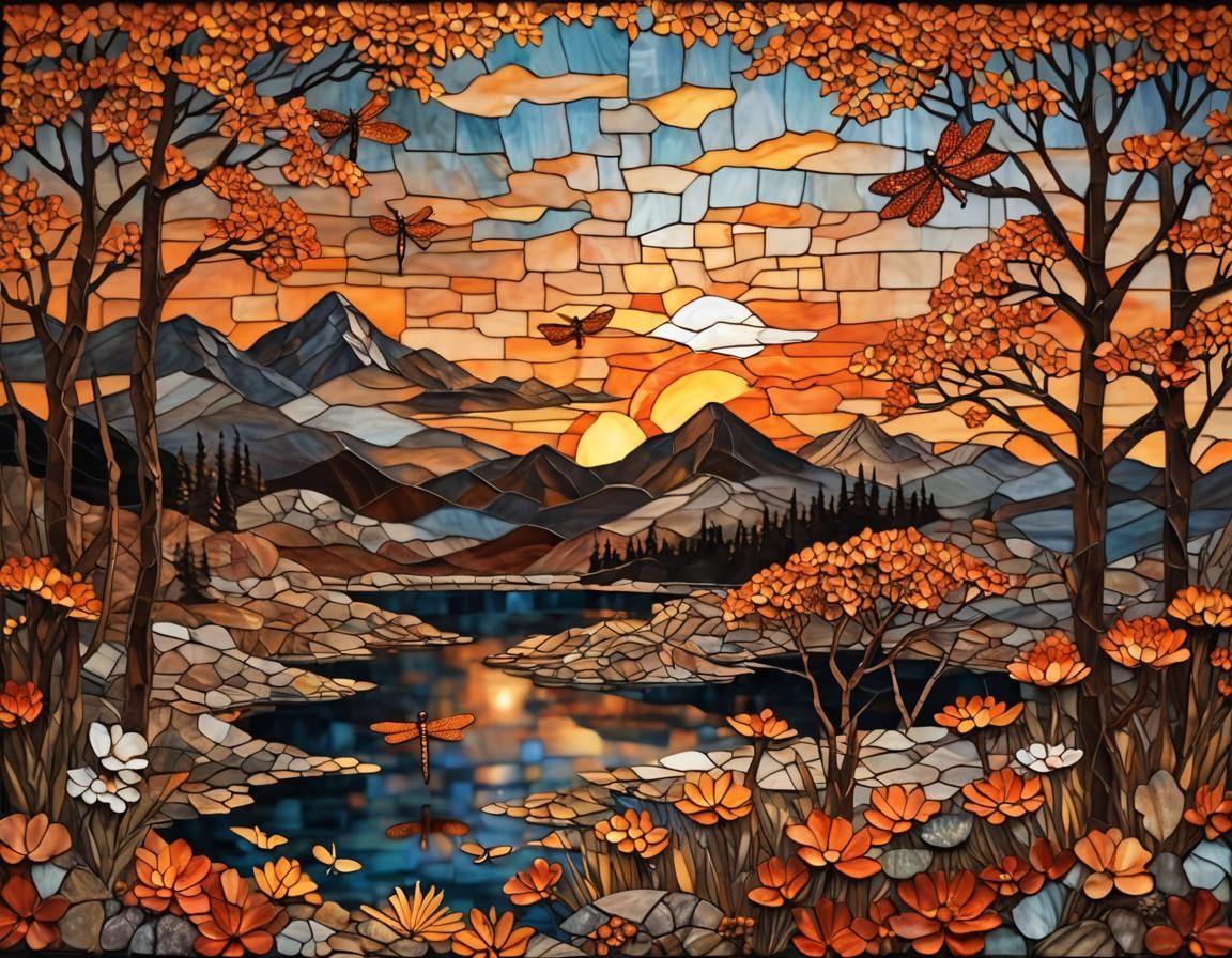 Bronze Lake Sunset in Stained Glass Mosaic Style