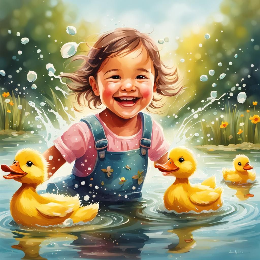 Girl and Duckling Share a Whimsical Splash