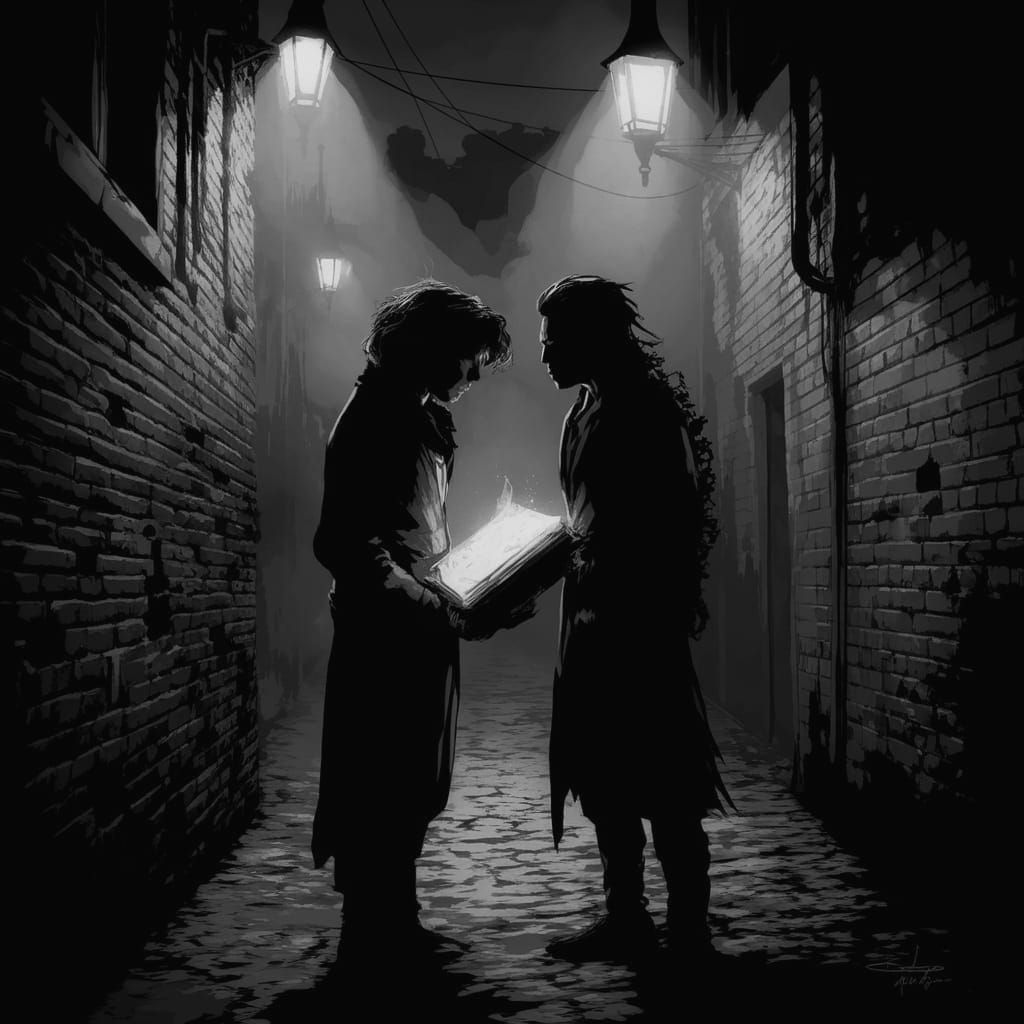Mysterious Confrontation in a Haunting Black and White Alley...