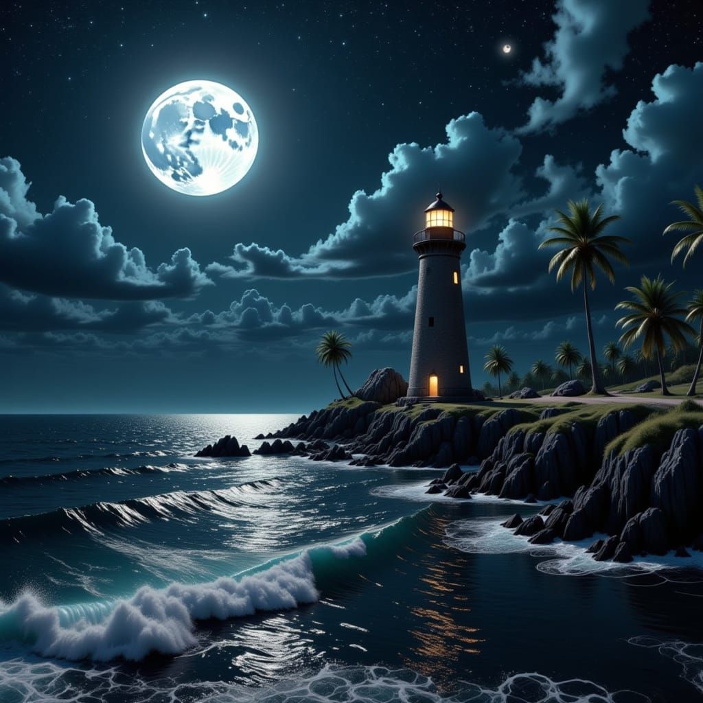 Moonlit Lighthouse Amidst Tranquil Seascapes