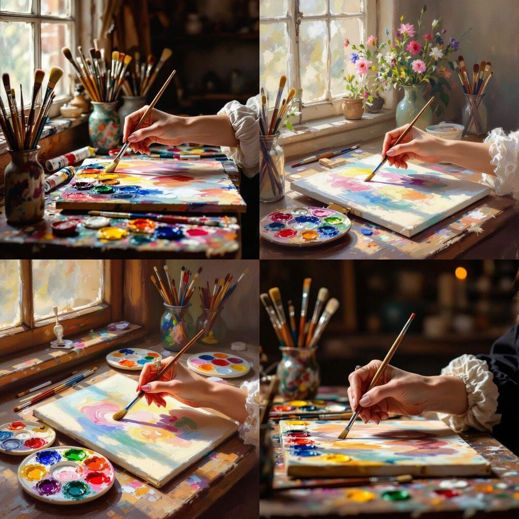 Woman's Hand Painting on Table with Art Supplies