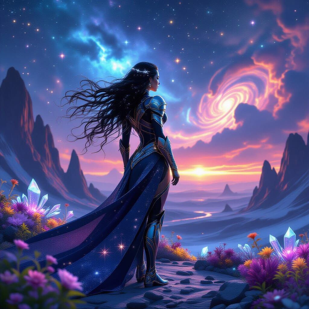 Ethereal Goddess on Alien Planet Gazing at Nebula