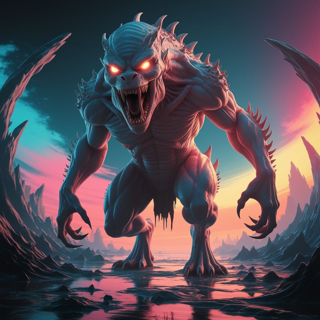 Monstrous Creature in Fantastical Landscape, 3D Rendered