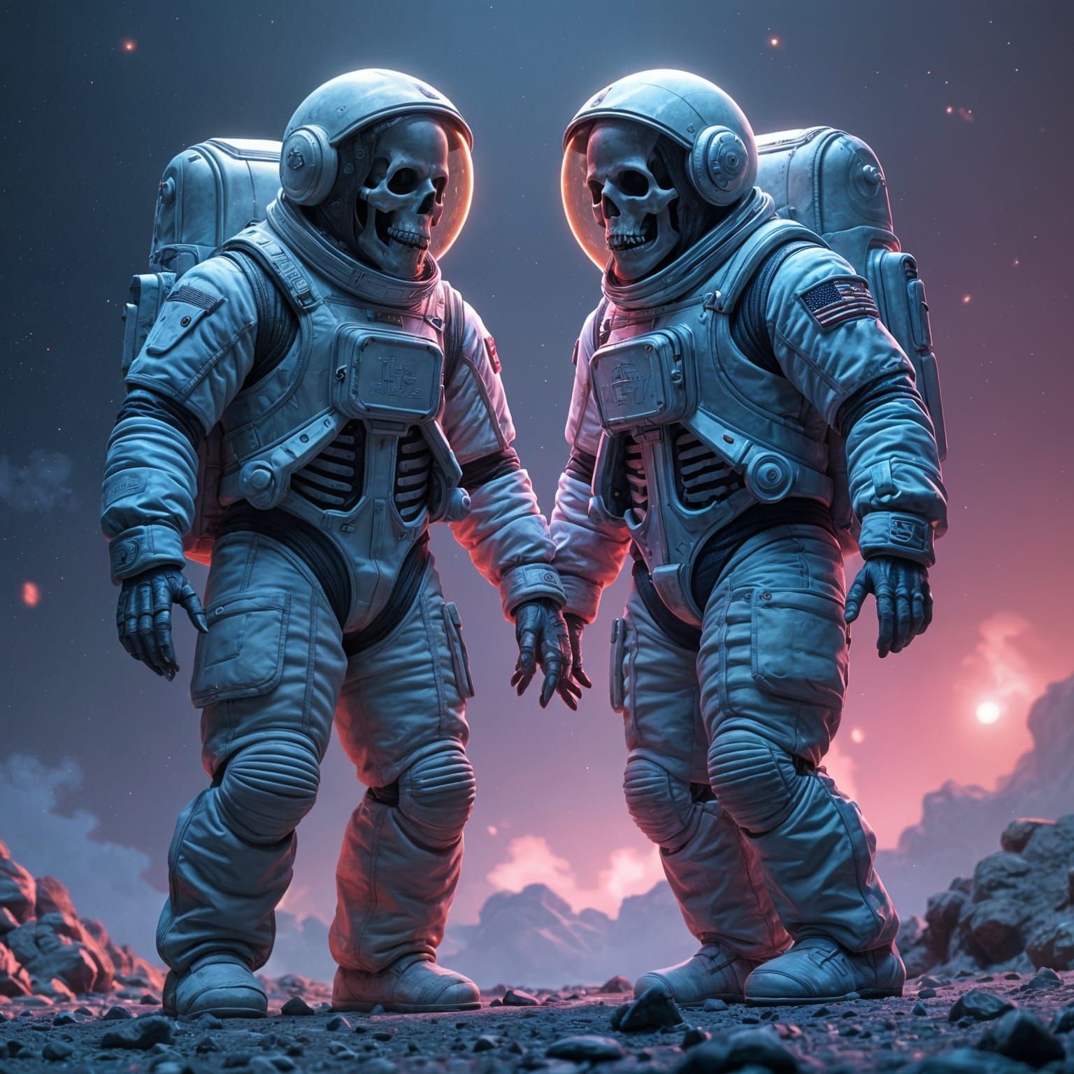 Skeletal Astronauts Lost in Space: Detailed Matte Painting