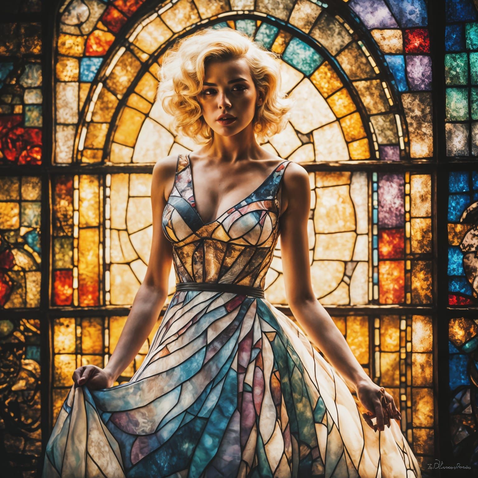 Marilyn Monroe in Vibrant Stained Glass Mosaic