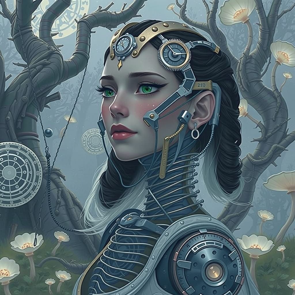 Surreal Biomechanical Goddess in Whimsical Fantasy Landscape