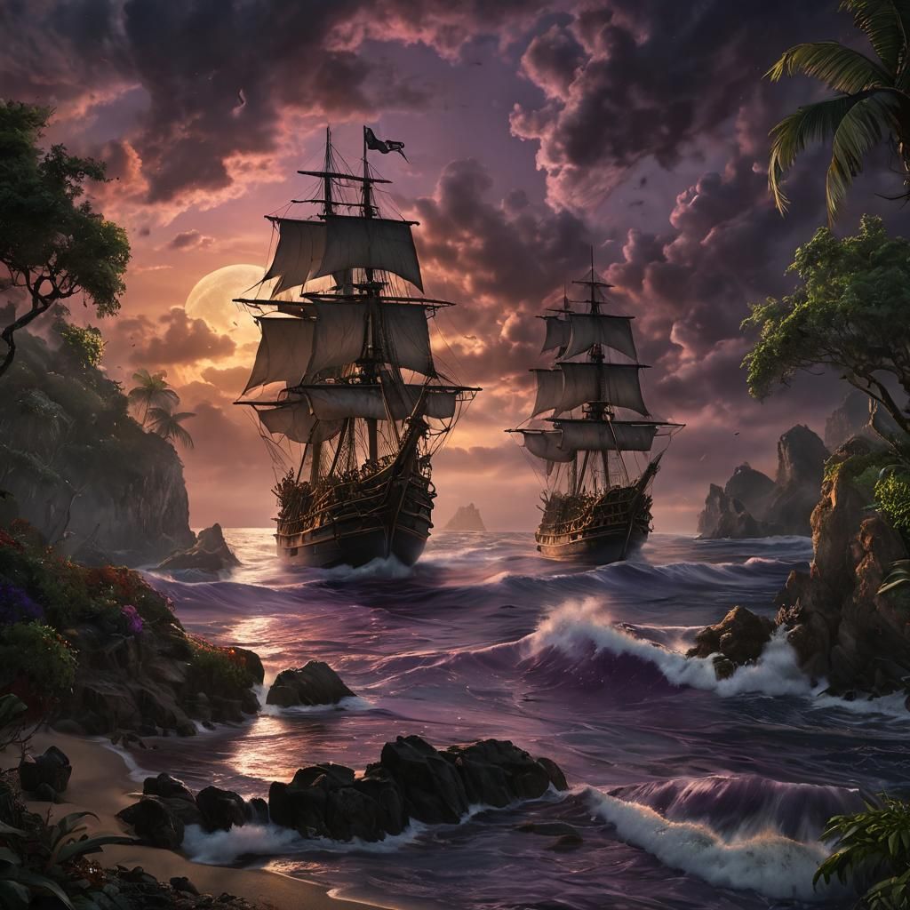 Cinematic Island of Lost Pirate Ships Under Purple Moon