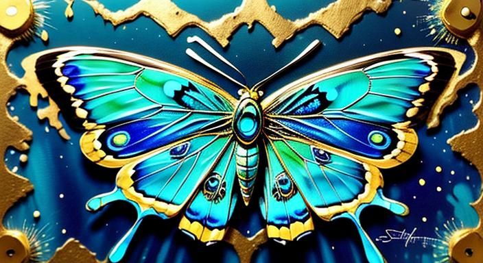 Abalone Butterfly with Gold Filigree, Splatter Paint Art